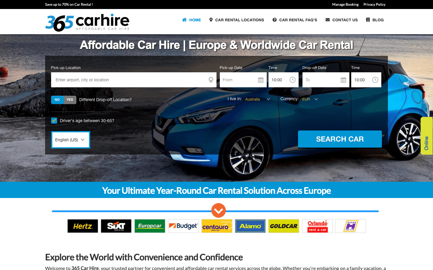 365CarHire homepage showing its international car-rental search form and destination navigation