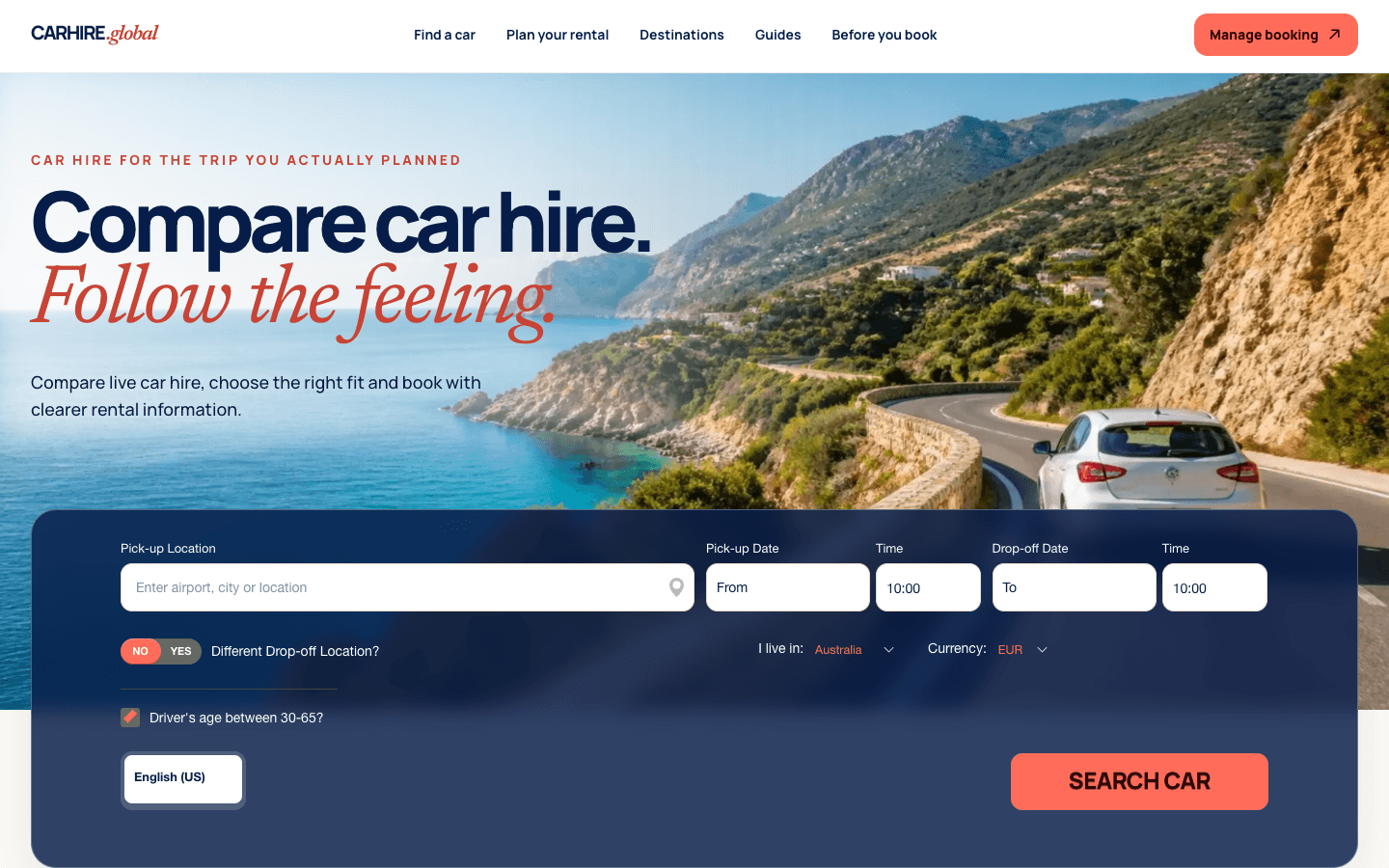 CarHire.global homepage showing a car-hire comparison experience with a coastal road hero image
